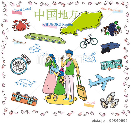 日本の中国地方の春のグルメ観光を楽しむ三人家族、アイコンのセット（線画） 99340692
