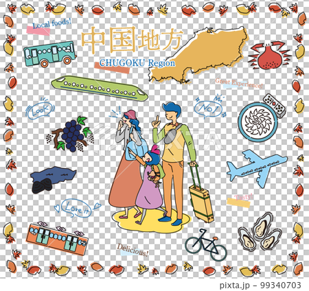A family of three who enjoys autumn gourmet sightseeing in the Chugoku region of Japan, a set of icons (line drawing) 99340703