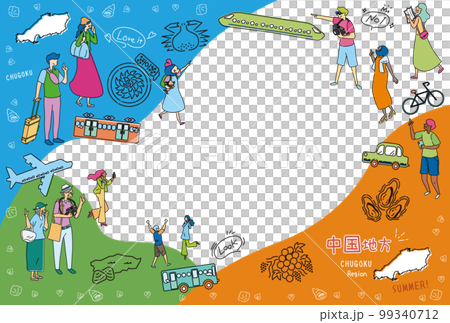 日本の中国地方の夏のグルメ観光を楽しむ観光客、アイコンのセット（線画） 99340712