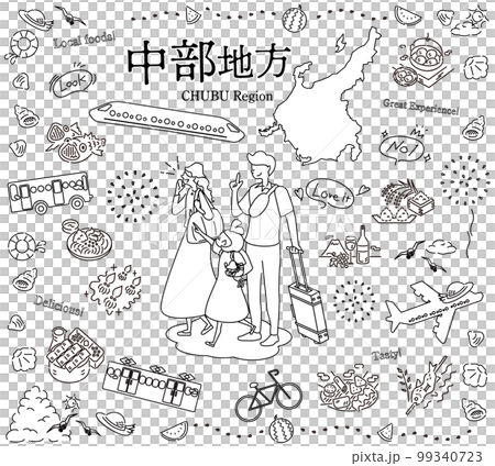 在日本中部地區享受夏季美食觀光的一家三口,一組圖標(黑白線描) 在日本中部地區享受夏季美食觀光的一家三口,一組圖標(黑白線描) 99340723