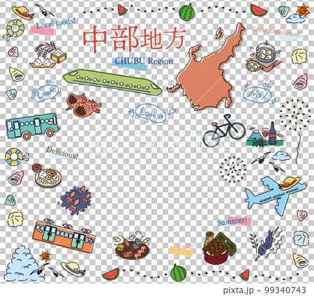 A set of summer gourmet tourism icons in the Chubu region of Japan (line drawing) 99340743