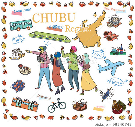 日本の中部地方の秋のグルメ観光を楽しむ観光客、アイコンのセット(線画) 日本の中部地方の秋のグルメ観光を楽しむ観光客、アイコンのセット(線画) 99340745