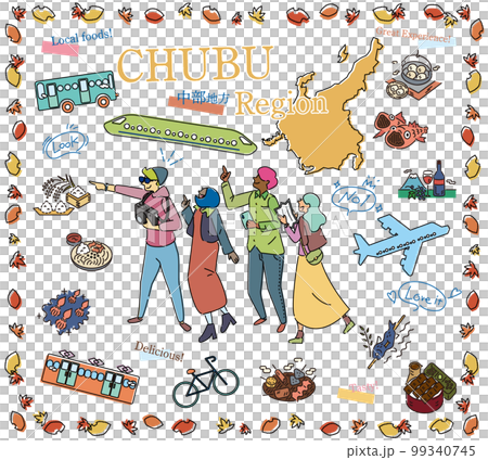 日本の中部地方の秋のグルメ観光を楽しむ観光客、アイコンのセット(線画) 日本の中部地方の秋のグルメ観光を楽しむ観光客、アイコンのセット(線画) 99340745