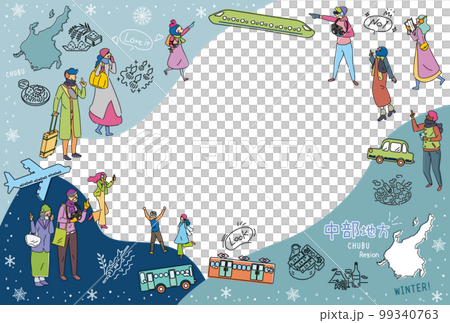 Tourists enjoying winter gourmet sightseeing in the Chubu region of Japan, set of icons (line drawing) 99340763