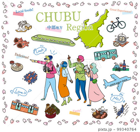 日本の中部地方の春のグルメ観光を楽しむ観光客、アイコンのセット(線画) 日本の中部地方の春のグルメ観光を楽しむ観光客、アイコンのセット(線画) 99340764