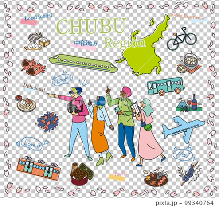 日本の中部地方の春のグルメ観光を楽しむ観光客、アイコンのセット(線画) 日本の中部地方の春のグルメ観光を楽しむ観光客、アイコンのセット(線画) 99340764