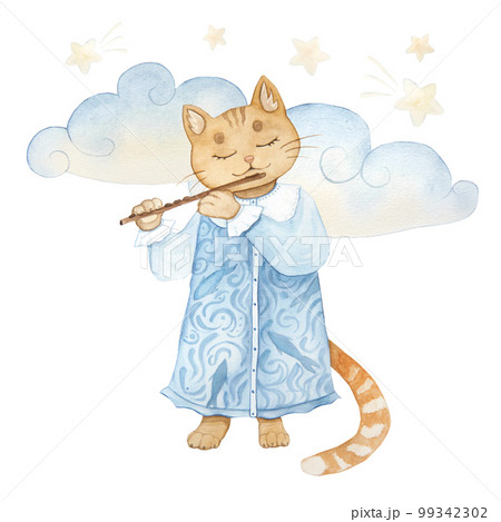 Watercolor illustration of vintage cute fairy tale cat with a flute, isolated 99342302
