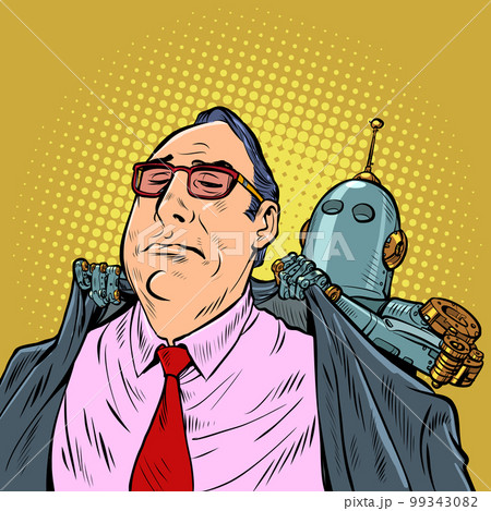 Robot servant of man. An artificial mechanism puts a coat on the boss 99343082