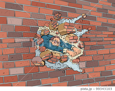 A man in a suit and glasses destroys a brick wall. Overcoming barriers, stereotypes and obstacles on your way. New opportunities that have just opened up. Pop Art Retro. 99343103