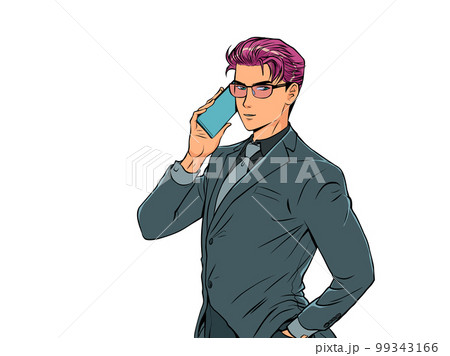 A man in a suit and glasses is talking on the phone. Serious conversation. A professional in his field. Resolving the issue remotely. Pop Art Retro 99343166