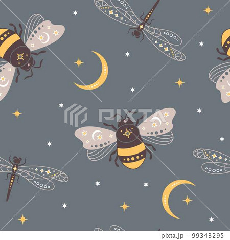 Magic bohemian seamless pattern with mystical bees and dragonflies. Celestial insects with moon and stars. Magic bohemian seamless pattern with mystical bees and dragonflies. Celestial insects with moon and stars. 99343295