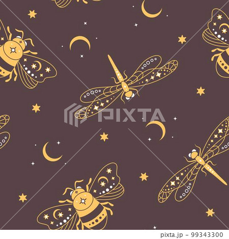 Seamless pattern with gold mystical bees and dragonflies. 99343300