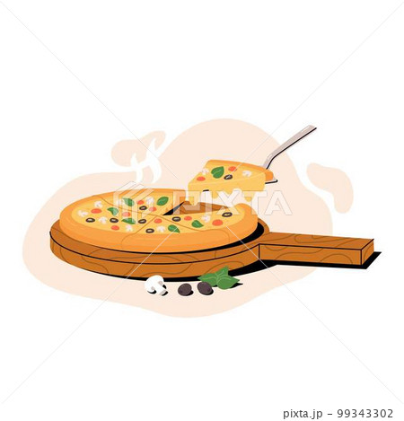 Italian pizza with slice on knife. Pizza with champignon mushrooms, cherry tomatoes, olives, basil and cheese Italian pizza with slice on knife. Pizza with champignon mushrooms, cherry tomatoes, olives, basil and cheese 99343302