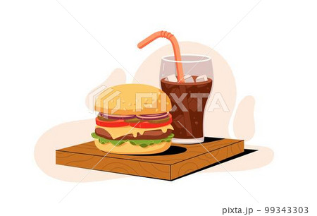 Cola in glass and burger on wooden board isolated on white Cola in glass and burger on wooden board isolated on white 99343303