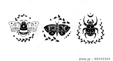 Vector illustration set of celestial butterfly, bee and bug with leaves. Black silhouette of magic insect Vector illustration set of celestial butterfly, bee and bug with leaves. Black silhouette of magic insect 99343304