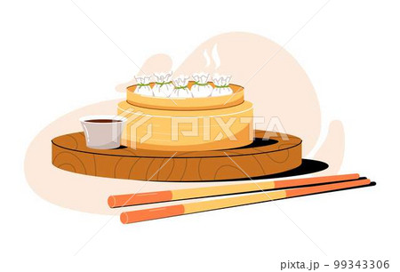 Asian food - dim sum in Steamer, chopsticks and sauce. Chinese wontons Asian food - dim sum in Steamer, chopsticks and sauce. Chinese wontons 99343306