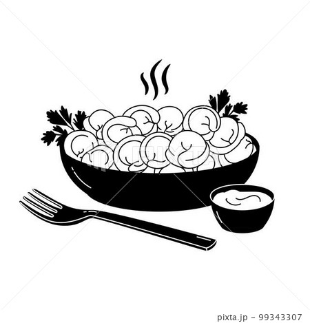 Russian pelmeni. Meat dumplings on plate with sour cream and sprig of parsley, fork. Food. Russian pelmeni. Meat dumplings on plate with sour cream and sprig of parsley, fork. Food. 99343307