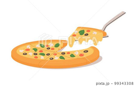 Italian pizza with slice. Pizza with mushrooms, tomatoes, olives and cheese. Italian pizza with slice. Pizza with mushrooms, tomatoes, olives and cheese. 99343308