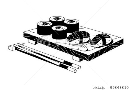 Vector black and white illustration of sushi and sashimi. Asian food sushi on wooden board 99343310