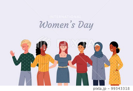 International women's day card. Six women of different nationalities and cultures hugging together. International women's day card. Six women of different nationalities and cultures hugging together. 99343318