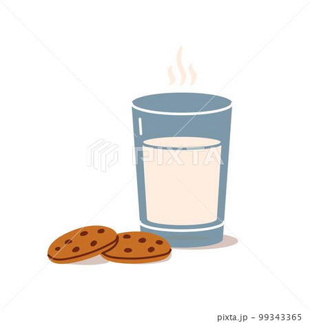 A glass of milk and two oatmeal cookies with chocolate chips 99343365