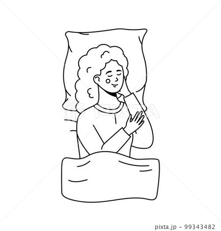 Smiling young woman sleeping at home on bed. Line art, coloring page, black outline Smiling young woman sleeping at home on bed. Line art, coloring page, black outline 99343482