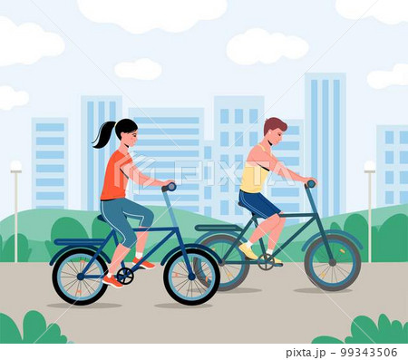 Couple are riding on bicycle on the urban lanscape background.Man and woman spends time outdoors. 99343506