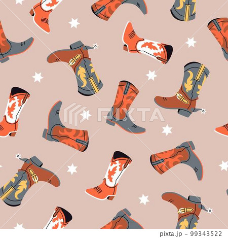 Seamless pattern of various cowboy boots with different ornaments. 99343522