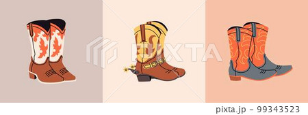 Set of Stylish cowboy boots with different ornaments. Shoe pairs collection. 99343523