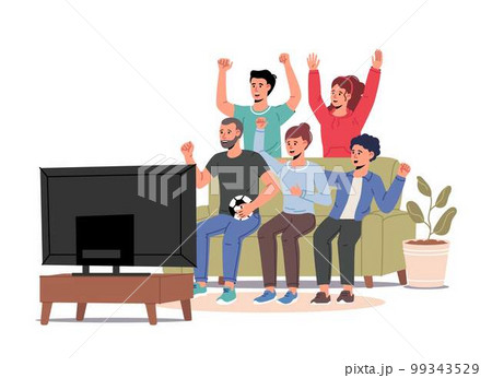Football fans, friends watching match on TV. Men and women sitting on couch and celebrating soccer team winning or goal Football fans, friends watching match on TV. Men and women sitting on couch and celebrating soccer team winning or goal 99343529