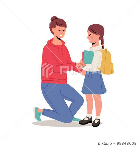 Mother brings her daughter to school. First day at school. 99343608