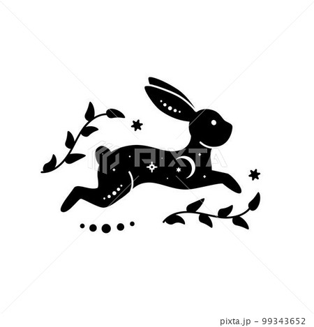 Celestial animal silhouette of running rabbit. Magic bunny with natural elements. Black magical bunny rabbit Celestial animal silhouette of running rabbit. Magic bunny with natural elements. Black magical bunny rabbit 99343652