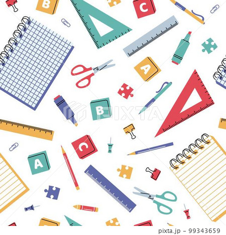 Vector seamless pattern with various school supplies on a white background. Back to school Vector seamless pattern with various school supplies on a white background. Back to school 99343659