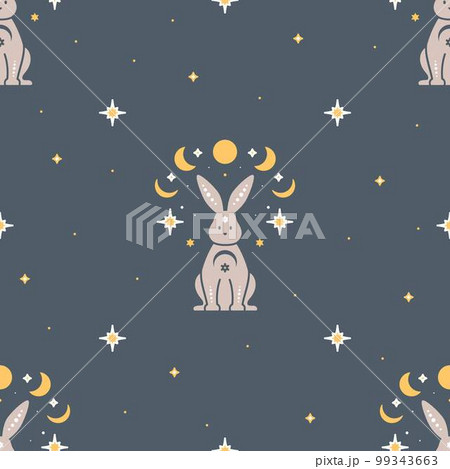 Trendy celestial seamless pattern with rabbits. Boho magic background with space elements stars and rabbits. Trendy celestial seamless pattern with rabbits. Boho magic background with space elements stars and rabbits. 99343663