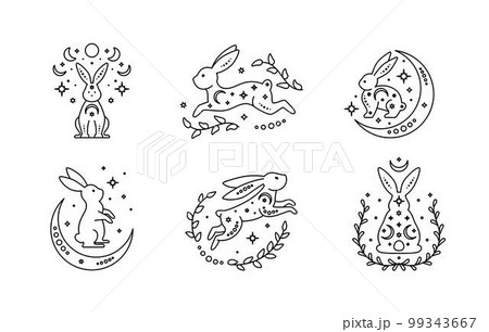Set of celestial animal rabbits. Magic bunnies. Black outline magical bunny rabbits, mystic crescent moon esoteric symbol Set of celestial animal rabbits. Magic bunnies. Black outline magical bunny rabbits, mystic crescent moon esoteric symbol 99343667