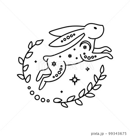 Celestial animal jumping rabbit. Magic bunny with natural elements. Black outline magical bunny rabbit, mystic crescent moon esoteric symbol Celestial animal jumping rabbit. Magic bunny with natural elements. Black outline magical bunny rabbit, mystic crescent moon esoteric symbol 99343675