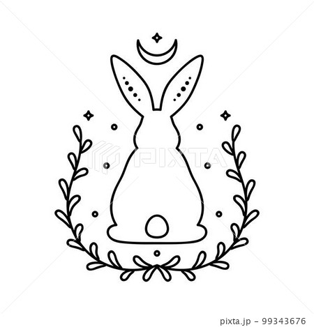 Celestial animal sitting back rabbit. Magic bunny with natural elements. Black outline magical bunny rabbit, mystic crescent moon esoteric symbol Celestial animal sitting back rabbit. Magic bunny with natural elements. Black outline magical bunny rabbit, mystic crescent moon esoteric symbol 99343676