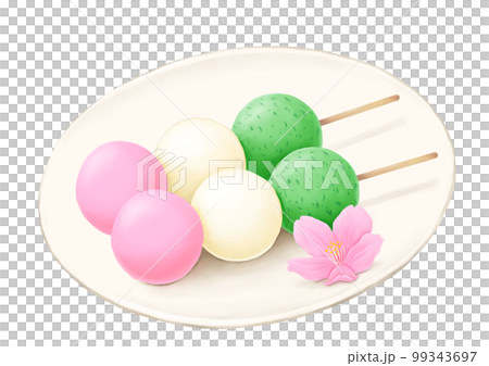 Two three-color dumplings and cherry blossoms on a white plate Two three-color dumplings and cherry blossoms on a white plate 99343697