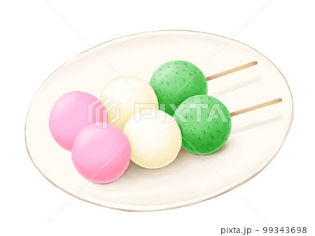 白いお皿に載った2本の三色団子 白いお皿に載った2本の三色団子 99343698