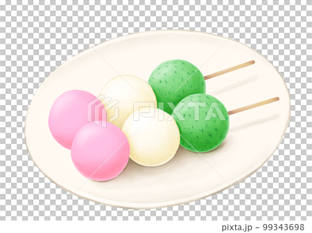 Two three-color dumplings on a white plate 99343698