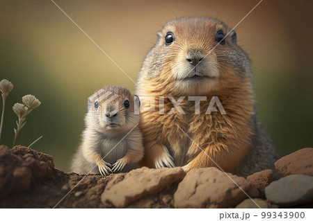 Marmot with a cub. Generative AI. Marmot with a cub. Generative AI. 99343900