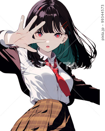 手を開いて前に出す仕草の女子生徒 アニメ風イラスト 「AI生成画像」の