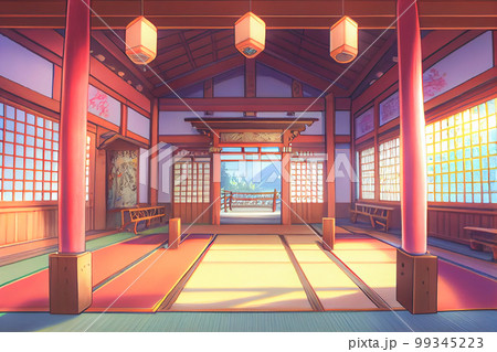 View of the torii outside from the windows of a fantasy Japanese shrine. 3D render anime style wallpaper. View of the torii outside from the windows of a fantasy Japanese shrine. 3D render anime style wallpaper. 99345223