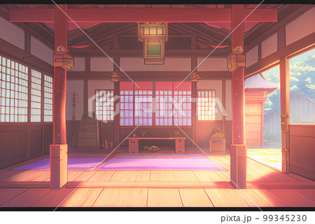View of the torii outside from the windows of a fantasy Japanese shrine. 3D render anime style wallpaper. 99345230