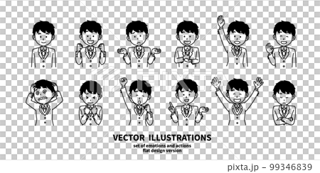 Illustration set of facial expressions and gestures Boy in a blazer Monochrome Illustration set of facial expressions and gestures Boy in a blazer Monochrome 99346839