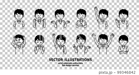 Illustration set of facial expressions and gestures High school boy monochrome Illustration set of facial expressions and gestures High school boy monochrome 99346842