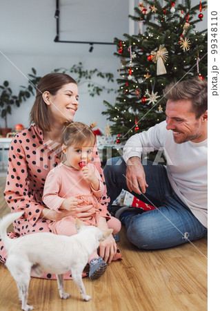 Cheerful smiling family with young baby girl and a dog having fun on Christmas day 99348110