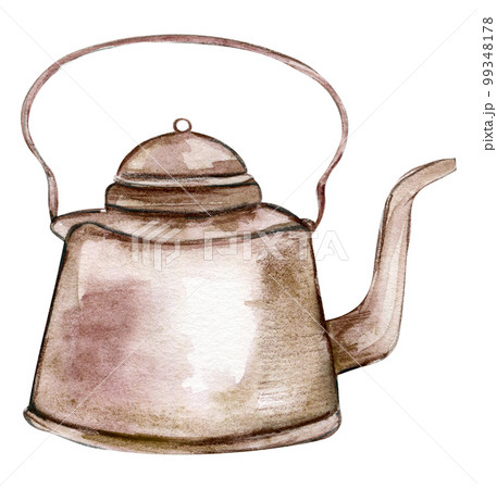 Watercolor illustration of an old teapot.An old rusty enamel element. Hand-drawn in watercolour on a white background. Perfect for wedding invitation, greetings card, posters, party decor. 99348178