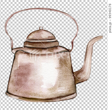 Watercolor illustration of an old teapot.An old rusty enamel element. Hand-drawn in watercolour on a white background. Perfect for wedding invitation, greetings card, posters, party decor. 99348178