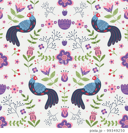 Vector seamless pattern with various birds, flowers and leaves with different folk ornaments. Composition in scandinavan style. Ethnic flat illustration with nordic detailed in trendy colors Vector seamless pattern with various birds, flowers and leaves with different folk ornaments. Composition in scandinavan style. Ethnic flat illustration with nordic detailed in trendy colors 99349250